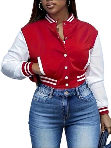 SHENHE Women's Varsity Baseball Jacket Button Down Colorblock Letterman Cropped Bomber Jacket in Saudi Arabia