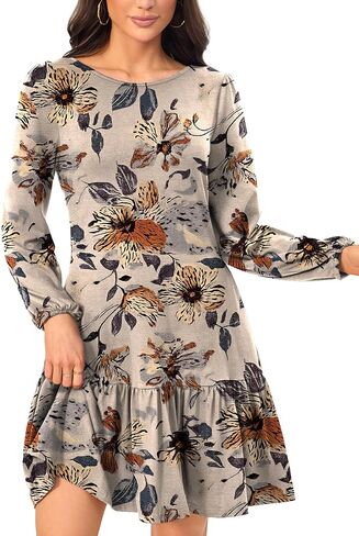Women's Fashionable Long-Sleeved Loose-Fitting Mini Dress Crew Neck with Backless Bow Tie Flowing Ruffled Hem Dress in Saudi Arabia