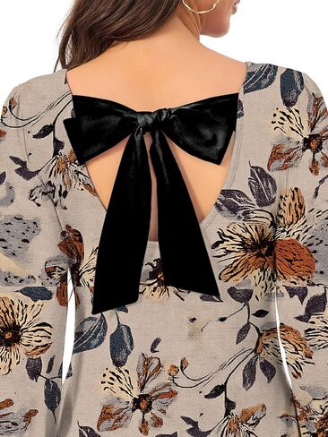 Women's Fashionable Long-Sleeved Loose-Fitting Mini Dress Crew Neck with Backless Bow Tie Flowing Ruffled Hem Dress in Saudi Arabia