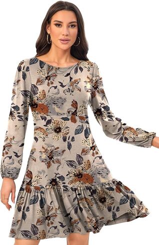 Women's Fashionable Long-Sleeved Loose-Fitting Mini Dress Crew Neck with Backless Bow Tie Flowing Ruffled Hem Dress in Saudi Arabia