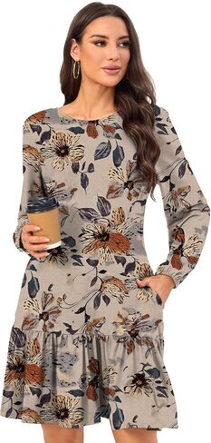 Women's Fashionable Long-Sleeved Loose-Fitting Mini Dress Crew Neck with Backless Bow Tie Flowing Ruffled Hem Dress in Saudi Arabia