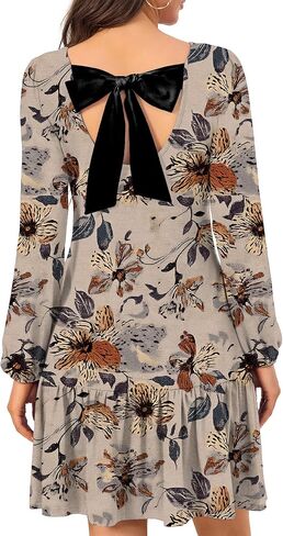 Women's Fashionable Long-Sleeved Loose-Fitting Mini Dress Crew Neck with Backless Bow Tie Flowing Ruffled Hem Dress in Saudi Arabia