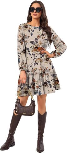 Women's Fashionable Long-Sleeved Loose-Fitting Mini Dress Crew Neck with Backless Bow Tie Flowing Ruffled Hem Dress in Saudi Arabia