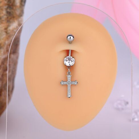 B BodyPJ Sparkles 14G خاتم زر البطن الديني مع صليب كريستال وسحر ديني، ستانلس ستيل in Kuwait