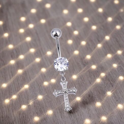 B BodyPJ Sparkles 14G خاتم زر البطن الديني مع صليب كريستال وسحر ديني، ستانلس ستيل in Kuwait