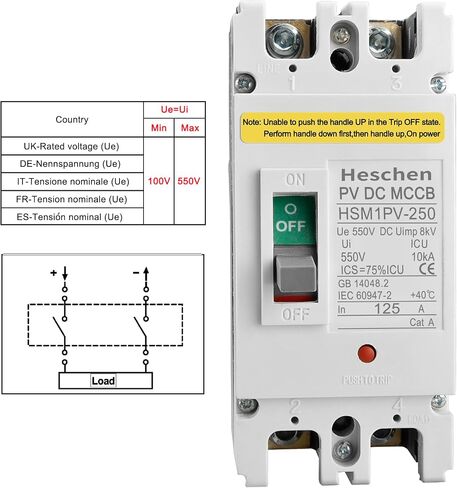 قاطع دائرة مقولب 200 أمبير تيار مستمر، HSM1PV-250، قطبين، 550 فولت، لنظام الطاقة الشمسية الكهروضوئية، نظام شبكة الألواح الشمسية in Kuwait