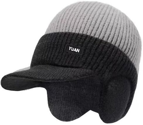 Black Beanie for Men Women, Crochet Winter Hat with Visor & Ear Flaps, Slouchy Knit Fall Hat for Boy Cold Weather in Saudi Arabia