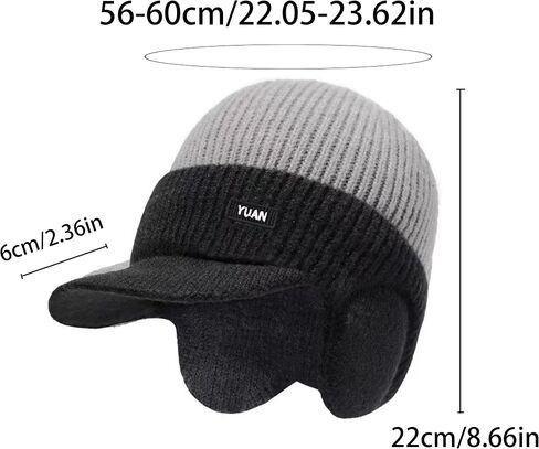 Black Beanie for Men Women, Crochet Winter Hat with Visor & Ear Flaps, Slouchy Knit Fall Hat for Boy Cold Weather in Saudi Arabia