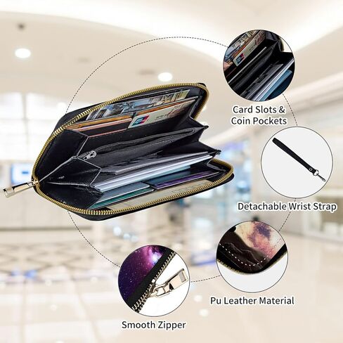 Womens Wallet, Large Capacity RFID Blocking PU Leather Wristlet Wallets for Women Ladies Men Credit Card Holder Zipper Phone Holder Clutch Travel Purse, Galaxy Cat in Kuwait