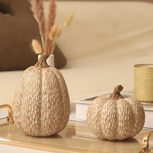 Thanksgiving Resin Pumpkin Decor, Brown and White Pumpkin Statue for Fall Harvest Decor, Faux Decorative Pumpkins Figurine for Table Centerpiece, Autumn Countryside Style Home Decor, Set of 2, Gift in Kuwait
