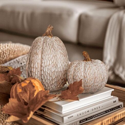 Thanksgiving Resin Pumpkin Decor, Brown and White Pumpkin Statue for Fall Harvest Decor, Faux Decorative Pumpkins Figurine for Table Centerpiece, Autumn Countryside Style Home Decor, Set of 2, Gift in Kuwait