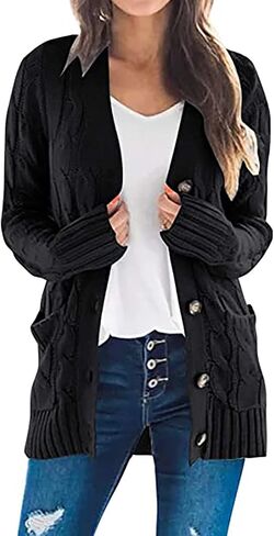 Women's Open Front Cardigan Sweater Knit Cable Button Down Oversized Cardigan Chunky V Neck Long Sleeve Outwear Coat in Saudi Arabia