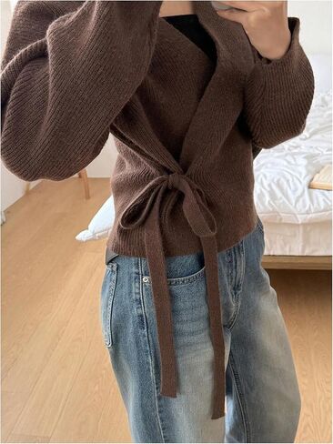 GORGLITTER Women's Wrap Cardigan Sweater Tie Front Long Sleeve Drop Shoulder Trendy Knit Cardigan Coffee Brown Small in Saudi Arabia