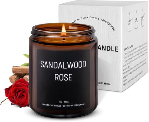شموع معطرة بخشب الصندل والورد، شموع معطرة للعلاج بالمنزل، مصبوبة يدويًا، 9 أونصة، حرق نظيف 50 ساعة، مجموعة هدايا شموع شمع الصويا للنساء والرجال in Saudi Arabia