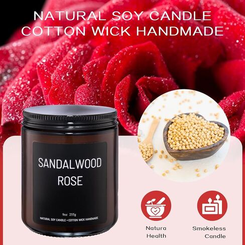 شموع معطرة بخشب الصندل والورد، شموع معطرة للعلاج بالمنزل، مصبوبة يدويًا، 9 أونصة، حرق نظيف 50 ساعة، مجموعة هدايا شموع شمع الصويا للنساء والرجال in Saudi Arabia