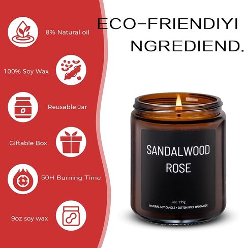 شموع معطرة بخشب الصندل والورد، شموع معطرة للعلاج بالمنزل، مصبوبة يدويًا، 9 أونصة، حرق نظيف 50 ساعة، مجموعة هدايا شموع شمع الصويا للنساء والرجال in Saudi Arabia