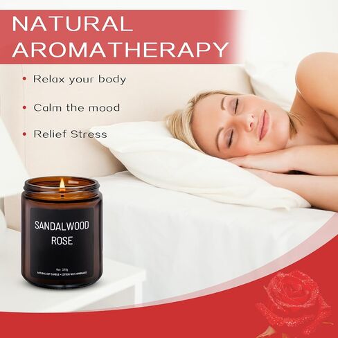 شموع معطرة بخشب الصندل والورد، شموع معطرة للعلاج بالمنزل، مصبوبة يدويًا، 9 أونصة، حرق نظيف 50 ساعة، مجموعة هدايا شموع شمع الصويا للنساء والرجال in Saudi Arabia