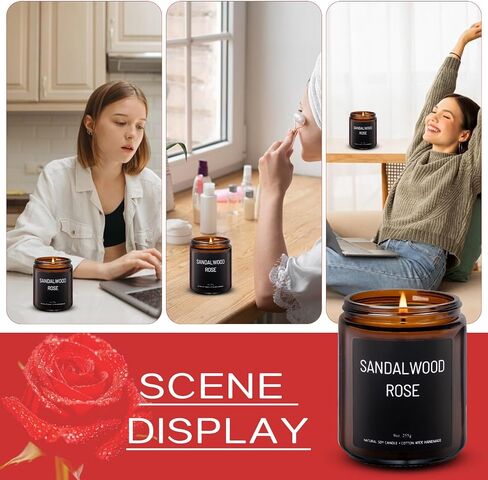 شموع معطرة بخشب الصندل والورد، شموع معطرة للعلاج بالمنزل، مصبوبة يدويًا، 9 أونصة، حرق نظيف 50 ساعة، مجموعة هدايا شموع شمع الصويا للنساء والرجال in Saudi Arabia