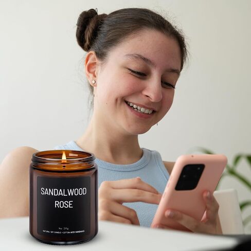 شموع معطرة بخشب الصندل والورد، شموع معطرة للعلاج بالمنزل، مصبوبة يدويًا، 9 أونصة، حرق نظيف 50 ساعة، مجموعة هدايا شموع شمع الصويا للنساء والرجال in Saudi Arabia