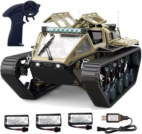 RC Tank Car, 1:16 Remote Control Crawler 10KM/H High Speed Tank, 2.4Ghz RC Rock Crawler Off-Road 4WD 360°Rotating Drifting Car with 2 Batteries, Military Truck Toy for Kids in Saudi Arabia