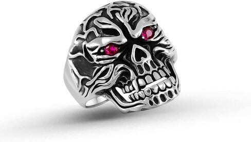 Solid 925 Sterling Silver Ruby Color Red Eyes Retro Gothic Biker Skull Luxury Men's Ring in Saudi Arabia