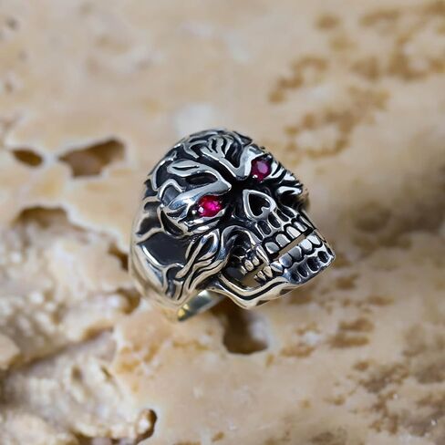 Solid 925 Sterling Silver Ruby Color Red Eyes Retro Gothic Biker Skull Luxury Men's Ring in Saudi Arabia