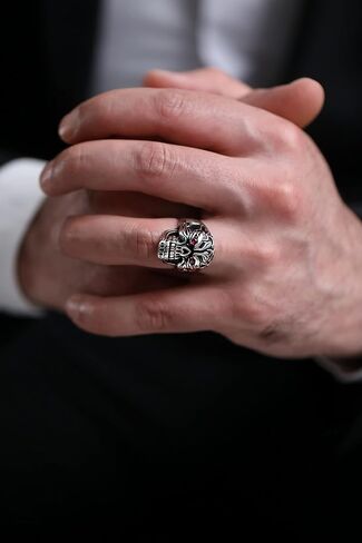 Solid 925 Sterling Silver Ruby Color Red Eyes Retro Gothic Biker Skull Luxury Men's Ring in Saudi Arabia