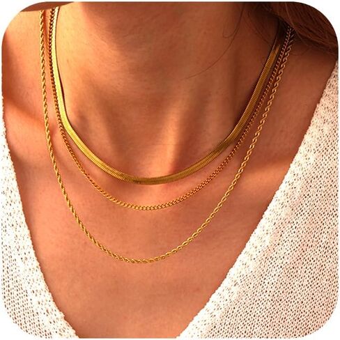 18K Gold Plated Necklace Bracelet Set Womens Stackable Adjustable Stainless Steel Minimalist Modern Everyday Jewelry Gift Gold and Silver in Saudi Arabia
