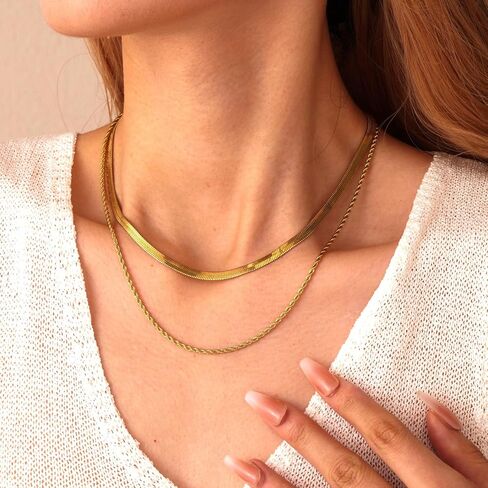 18K Gold Plated Necklace Bracelet Set Womens Stackable Adjustable Stainless Steel Minimalist Modern Everyday Jewelry Gift Gold and Silver in Saudi Arabia