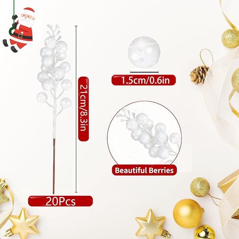 20 Pcs Christmas Glitter Berries Stems,8.3 Inch Artificial Christmas Tree Picks Decoration and Christmas Tree Ornaments Home Décor Christmas Decorations for Xmas Tree DIY Holiday Ornaments Silver in Saudi Arabia