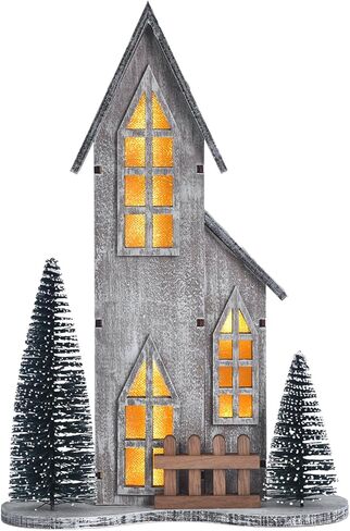 منزل قرية عيد الميلاد الخشبي مع LED، ديكور عيد الميلاد قطعة مركزية داخلية على الطاولة مع شجرة، ديكور منزل عيد الميلاد مضاء لغطاء رف المنزل، عرض قرية عطلة الشتاء (النمط أ) in Kuwait