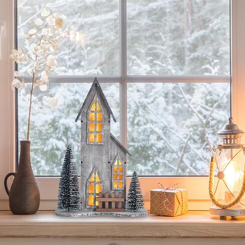 منزل قرية عيد الميلاد الخشبي مع LED، ديكور عيد الميلاد قطعة مركزية داخلية على الطاولة مع شجرة، ديكور منزل عيد الميلاد مضاء لغطاء رف المنزل، عرض قرية عطلة الشتاء (النمط أ) in Kuwait