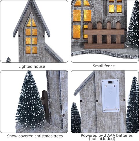 منزل قرية عيد الميلاد الخشبي مع LED، ديكور عيد الميلاد قطعة مركزية داخلية على الطاولة مع شجرة، ديكور منزل عيد الميلاد مضاء لغطاء رف المنزل، عرض قرية عطلة الشتاء (النمط أ) in Kuwait