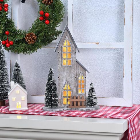 منزل قرية عيد الميلاد الخشبي مع LED، ديكور عيد الميلاد قطعة مركزية داخلية على الطاولة مع شجرة، ديكور منزل عيد الميلاد مضاء لغطاء رف المنزل، عرض قرية عطلة الشتاء (النمط أ) in Kuwait