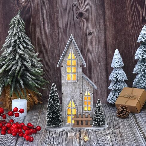 منزل قرية عيد الميلاد الخشبي مع LED، ديكور عيد الميلاد قطعة مركزية داخلية على الطاولة مع شجرة، ديكور منزل عيد الميلاد مضاء لغطاء رف المنزل، عرض قرية عطلة الشتاء (النمط أ) in Kuwait