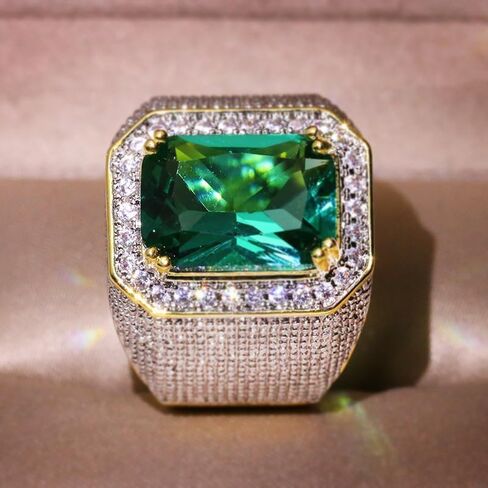 Mens Emerald Ring 925 Silver Men's Luxurious Green Gemstone Ring for Men Jewelry Mens Wedding Engagement Rings 18K Gold Plated Green Gemstone Ring Square Cut Cubic Zirconia Eternity Ring Band （9） in Kuwait
