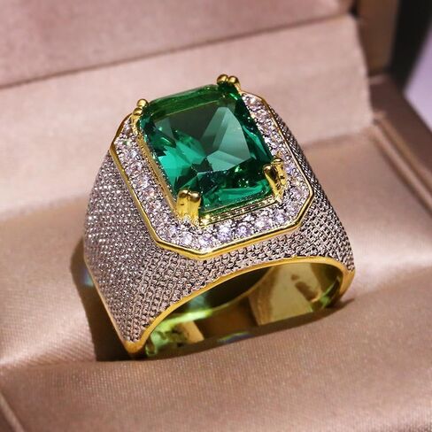 Mens Emerald Ring 925 Silver Men's Luxurious Green Gemstone Ring for Men Jewelry Mens Wedding Engagement Rings 18K Gold Plated Green Gemstone Ring Square Cut Cubic Zirconia Eternity Ring Band （9） in Kuwait