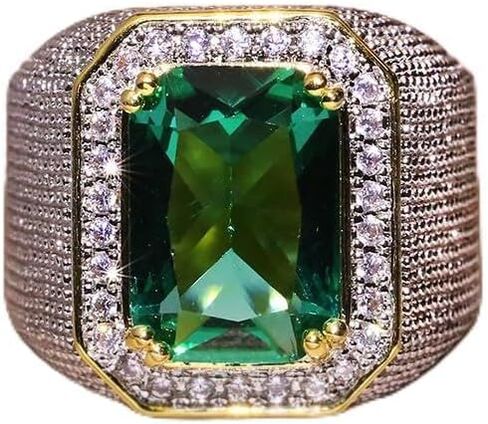 Mens Emerald Ring 925 Silver Men's Luxurious Green Gemstone Ring for Men Jewelry Mens Wedding Engagement Rings 18K Gold Plated Green Gemstone Ring Square Cut Cubic Zirconia Eternity Ring Band （9） in Kuwait