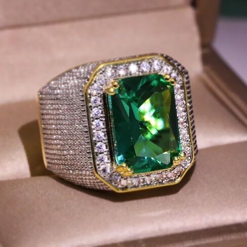 Mens Emerald Ring 925 Silver Men's Luxurious Green Gemstone Ring for Men Jewelry Mens Wedding Engagement Rings 18K Gold Plated Green Gemstone Ring Square Cut Cubic Zirconia Eternity Ring Band （9） in Kuwait