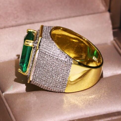 Mens Emerald Ring 925 Silver Men's Luxurious Green Gemstone Ring for Men Jewelry Mens Wedding Engagement Rings 18K Gold Plated Green Gemstone Ring Square Cut Cubic Zirconia Eternity Ring Band （9） in Kuwait