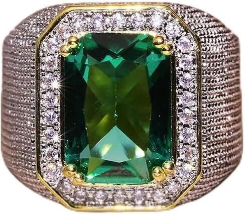 Mens Emerald Ring 925 Silver Men's Luxurious Green Gemstone Ring for Men Jewelry Mens Wedding Engagement Rings 18K Gold Plated Green Gemstone Ring Square Cut Cubic Zirconia Eternity Ring Band （9） in Kuwait