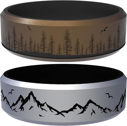 2/1 Paks Wilderness Collection Engraved Ring，Mountain, Forest ，coco，Silicone Ring for Men and Women - Silicone Wedding Band for Sports Activities, Breathable Comfort Fit in Saudi Arabia