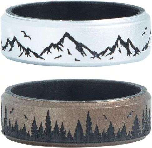2/1 Paks Wilderness Collection Engraved Ring，Mountain, Forest ，coco，Silicone Ring for Men and Women - Silicone Wedding Band for Sports Activities, Breathable Comfort Fit in Saudi Arabia