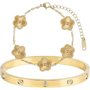 18K Gold Plated Clover Bracelet, Lucky Clover Bracelet Bangle Set For Women in Kuwait