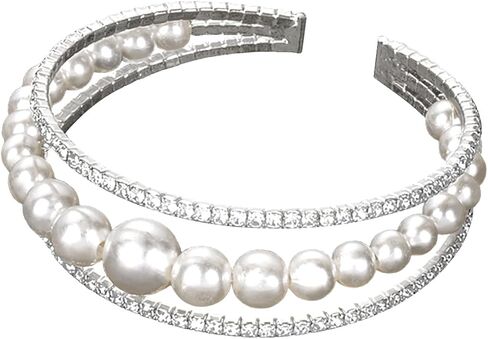 Multi Row Crystal Pearl Cuff Rhinestone Bridals Bangle Layered Beads Cuff Bracelet for Women in Kuwait