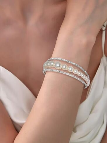 Multi Row Crystal Pearl Cuff Rhinestone Bridals Bangle Layered Beads Cuff Bracelet for Women in Kuwait