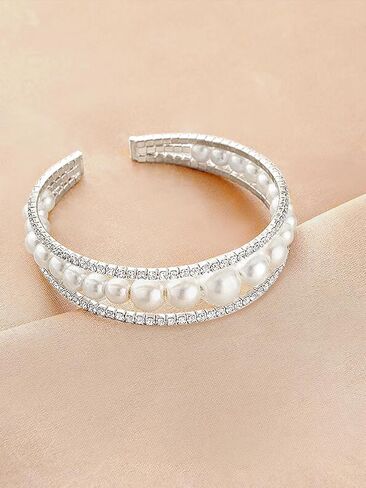 Multi Row Crystal Pearl Cuff Rhinestone Bridals Bangle Layered Beads Cuff Bracelet for Women in Kuwait