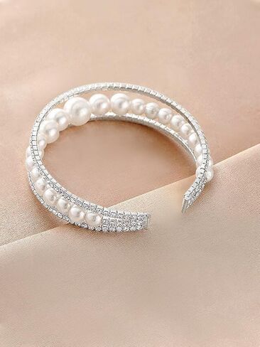 Multi Row Crystal Pearl Cuff Rhinestone Bridals Bangle Layered Beads Cuff Bracelet for Women in Kuwait