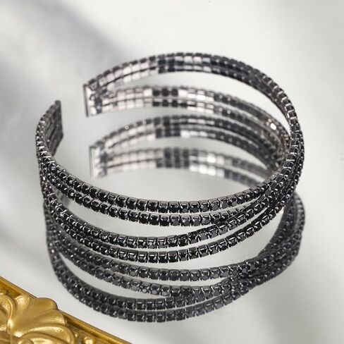 FUTIMELY Chunky Rhinestone Open Cuff Bracelets,Glittering Layered Cubic Zirconia Bangle,Aesthetic Black Crystal Geometric Bracelets for Party Prom Wedding in Saudi Arabia