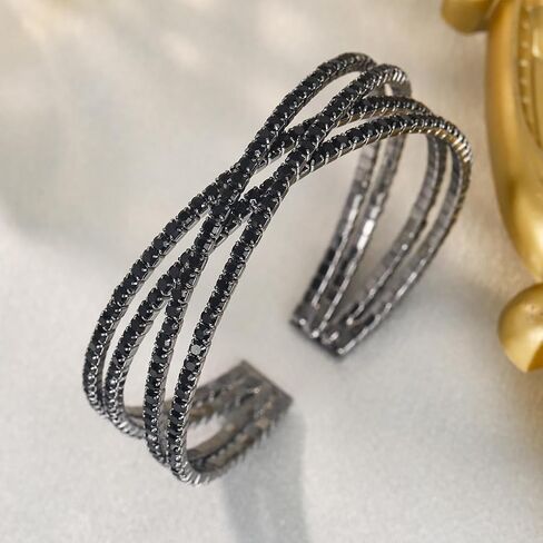 FUTIMELY Chunky Rhinestone Open Cuff Bracelets,Glittering Layered Cubic Zirconia Bangle,Aesthetic Black Crystal Geometric Bracelets for Party Prom Wedding in Saudi Arabia